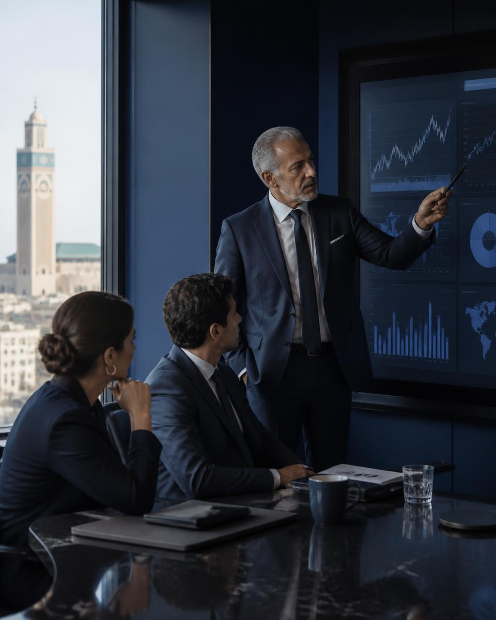 Un associé Target+ présentant les tableaux de bord de performance à un comité de direction